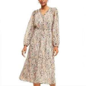 LOFT•Paisley Shimmer Gold Boho V-neck Mido Dress Small